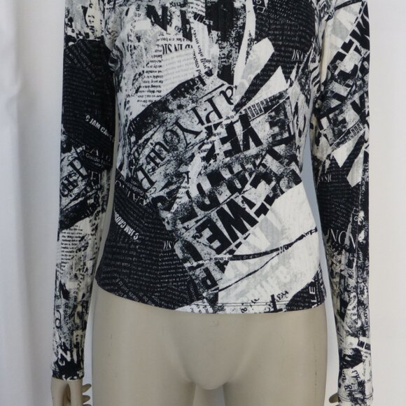 Newspaper Graphic Long Sleeve, High Neck, Cut Out At Chest Top - Picture 6 of 9